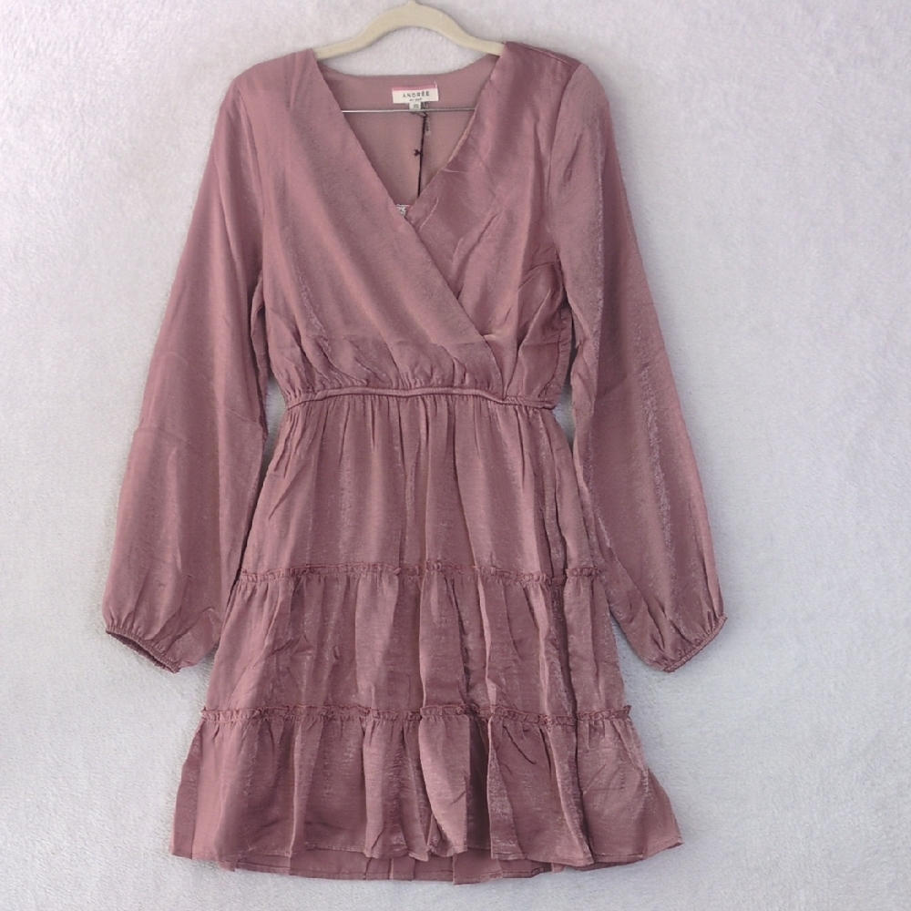 Andreee Womens Mauve Tiered Satin Long Sleeve Knee Length Dress Size XS